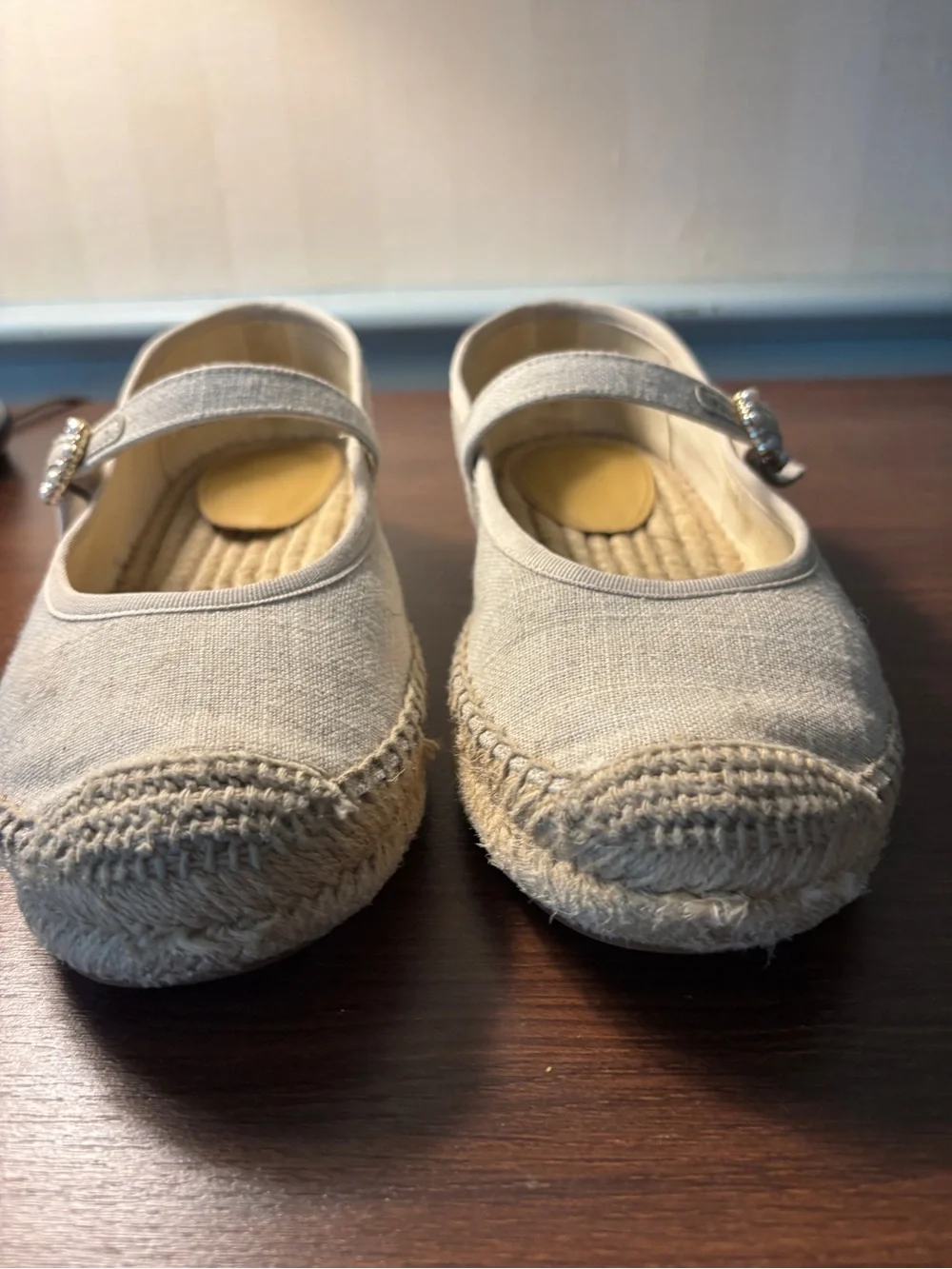 J. Crew Linen Espadrille Mary Jane Flats Jeweled Buckle Beige 7.5